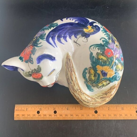 Sleeping Cat Porcelain Hand Painted Colorful Florals and Bird Signed 2004 - Picture 7 of 11